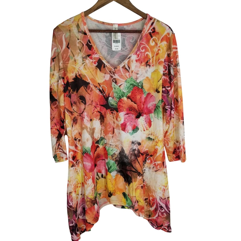 Decorated Originals Womens XL Tunic Top Floral Rhinestone Sharkbite Art to Wear‎
